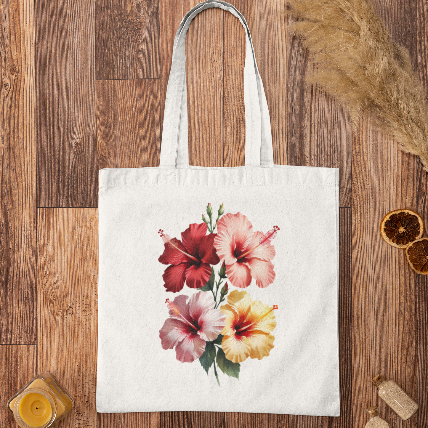 Tote bag with hibiscus floral design on a wooden surface