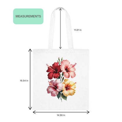 Hibiscus Floral tote bag with measurements on a white background