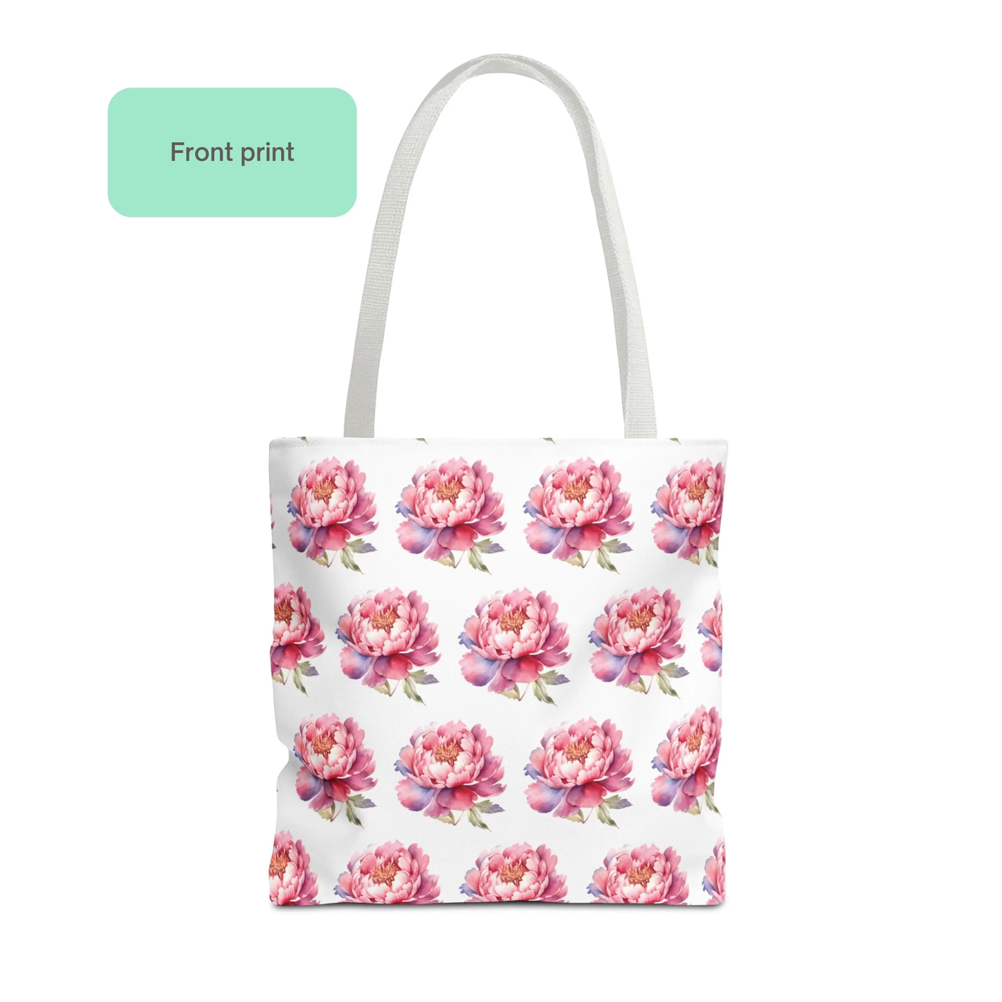 Pink Peony Floral Pattern Tote Bag with delicate watercolor-style flowers printed across the front