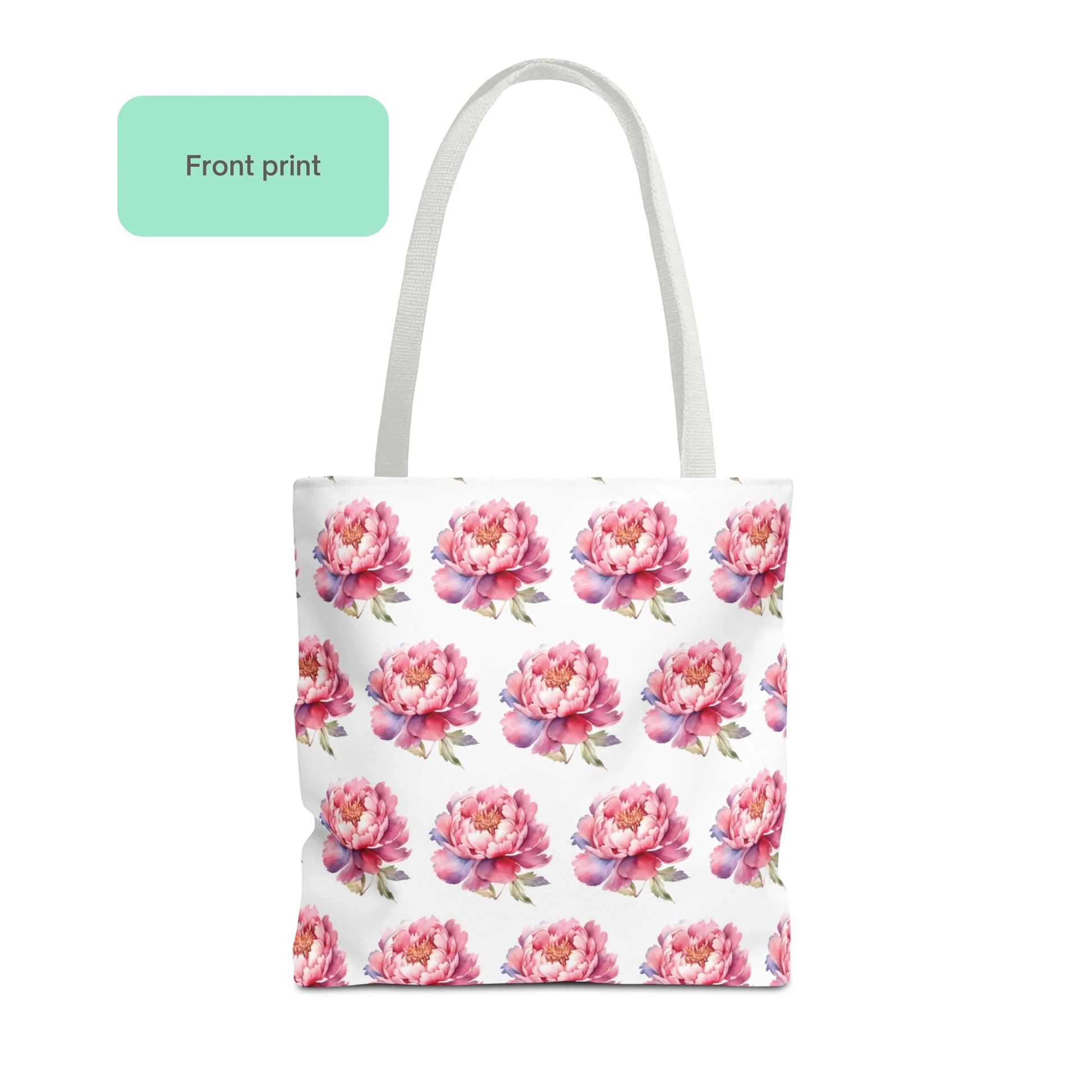 Pink Peony Floral Pattern Tote Bag with delicate watercolor-style flowers printed across the front