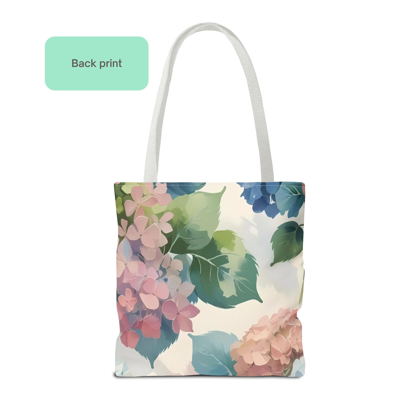Back print of hydrangea pastel floral tote bag with watercolor-inspired pink and blue hydrangea design