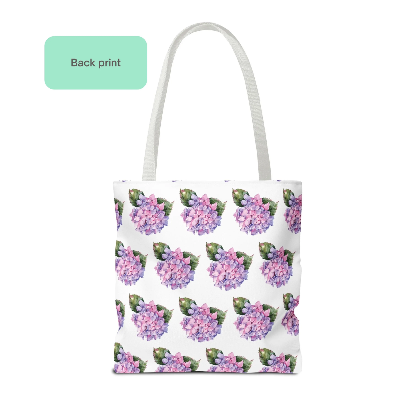 Back of Hydrangea Patterned Floral Design Tote Bag with repeating purple hydrangea floral pattern