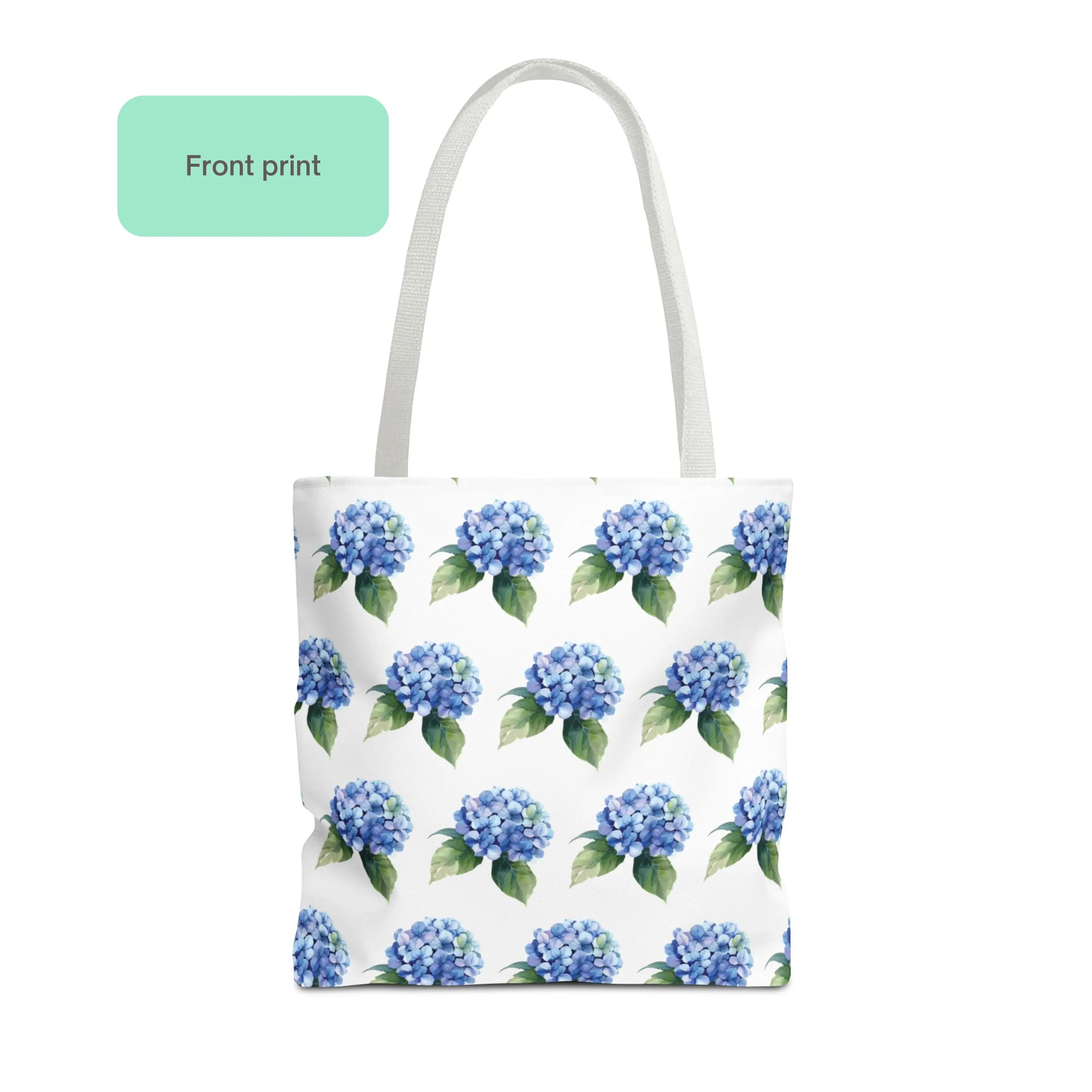Front of Hydrangea Patterned Floral Design Tote Bag featuring blue hydrangea watercolor pattern