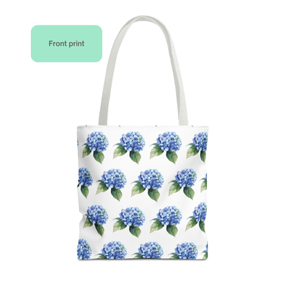 Front of Hydrangea Patterned Floral Design Tote Bag featuring blue hydrangea watercolor pattern