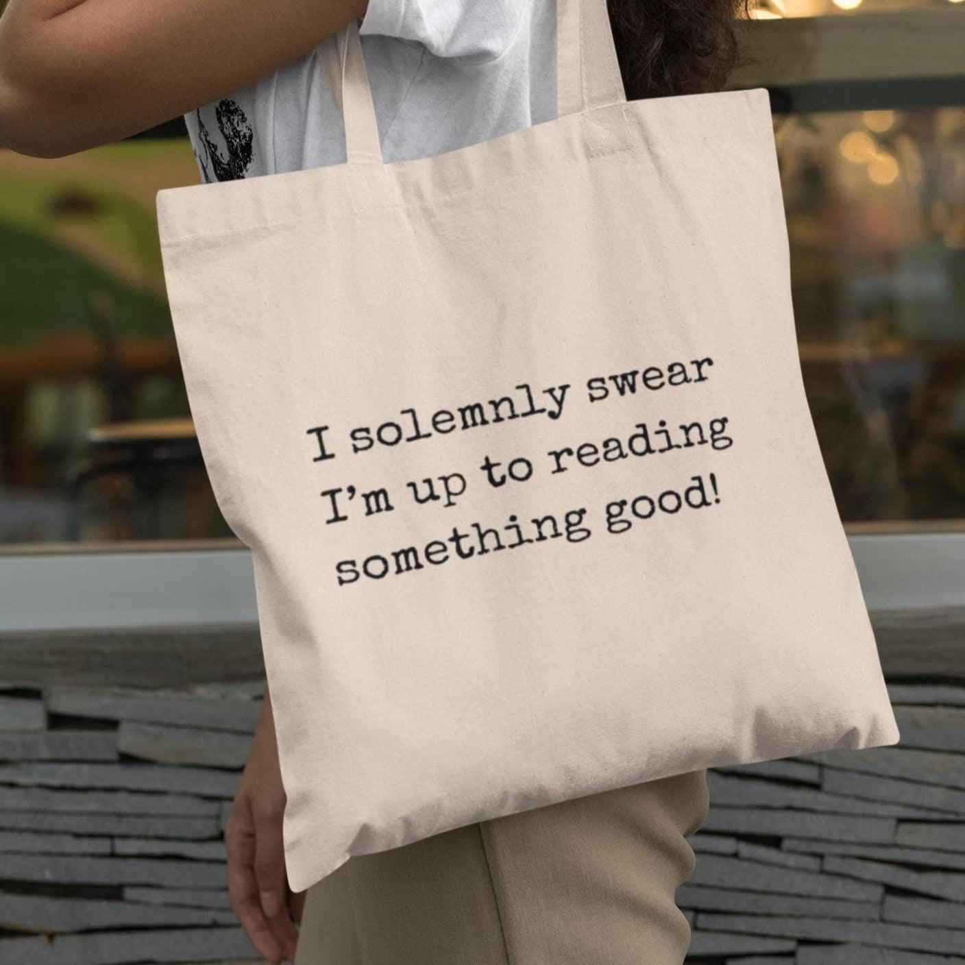 I Solemnly Swear Reading Quote Minimalist Book Bag in natural cotton canvas, eco-friendly literary tote for book lovers and readers