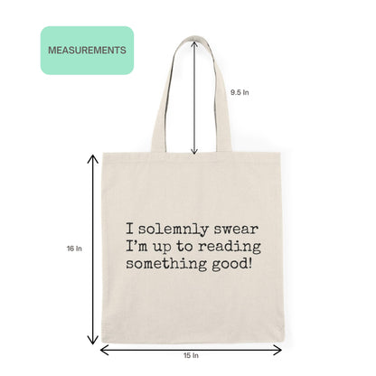 I Solemnly Swear Reading Quote Minimalist Book Bag with size measurements – 15x16 inches cotton tote with 9.5-inch handles.