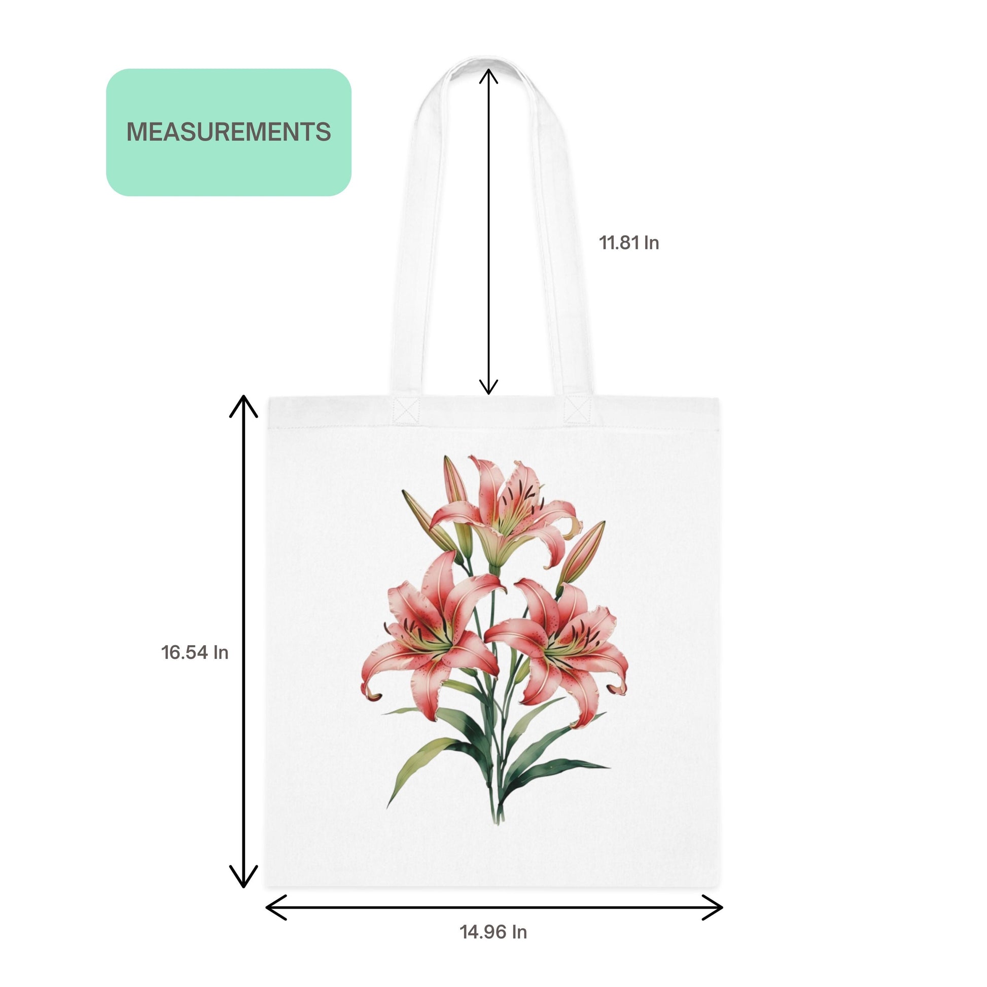 Tote bag with pink lily design and measurements on a white background