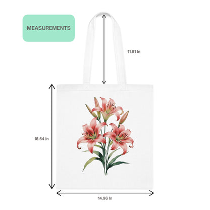 Tote bag with pink lily design and measurements on a white background