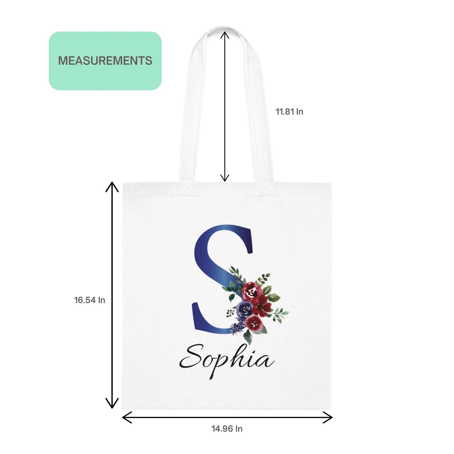 Custom tote bag size guide showing indigo and burgundy floral initial S design and personalized name Sophia