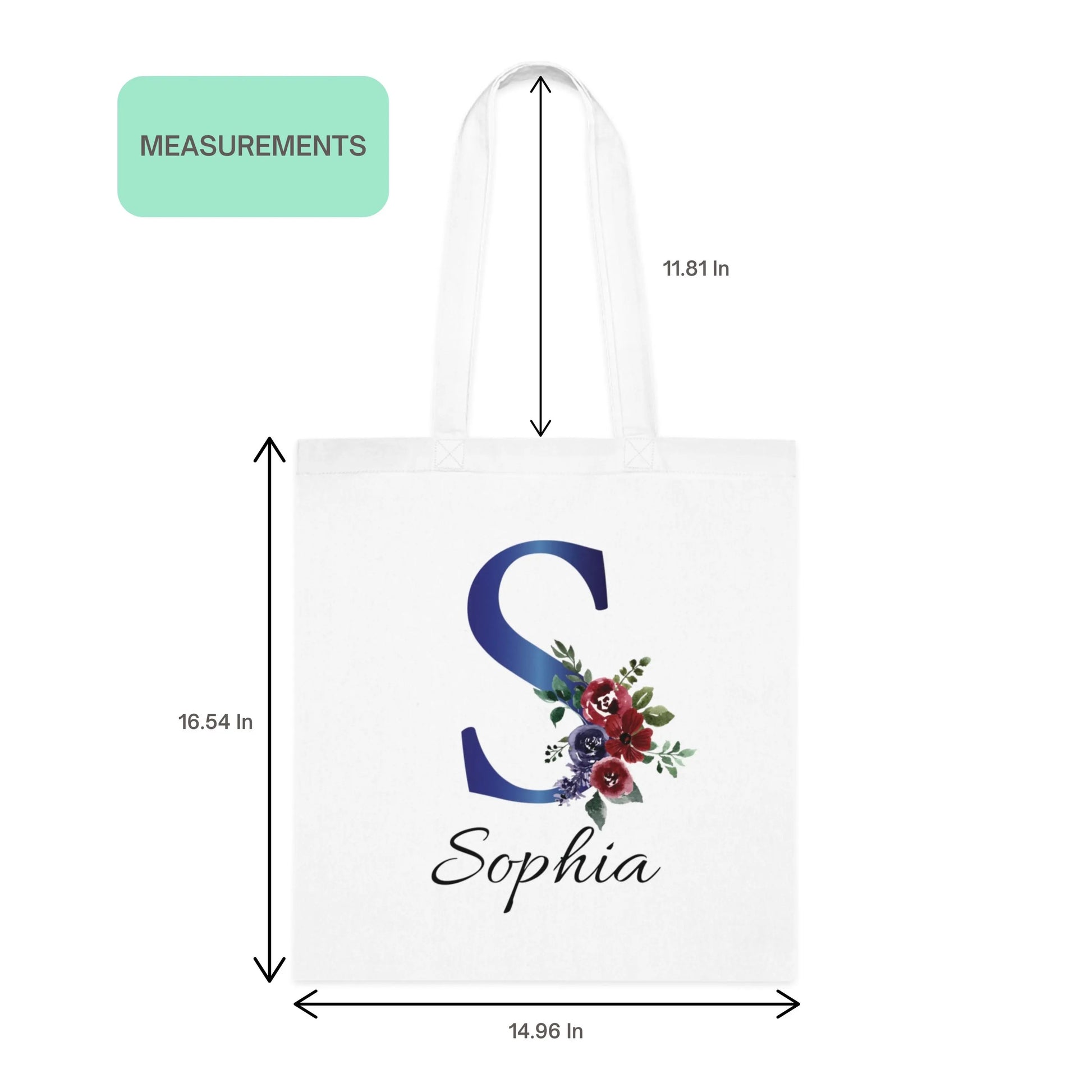 Custom tote bag size guide showing indigo and burgundy floral initial S design and personalized name Sophia