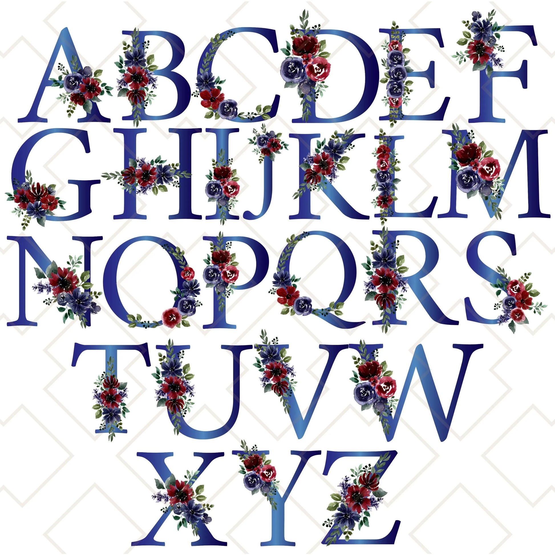 Full alphabet of indigo and burgundy floral initials for personalized tote bag designs A to Z