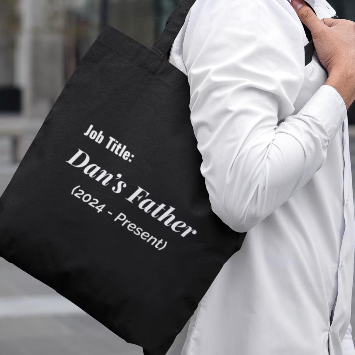 Minimalist black Job Title Father custom tote bag with Dan’s Father text – personalized gift for new dads