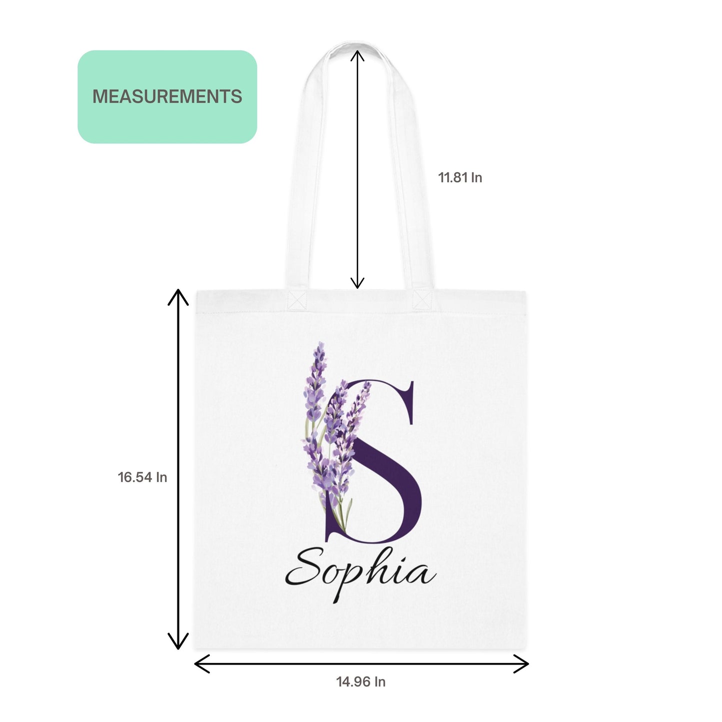 Product dimensions chart showing Lavender Floral Custom Tote Bag With Purple Initial “S” for Sophia