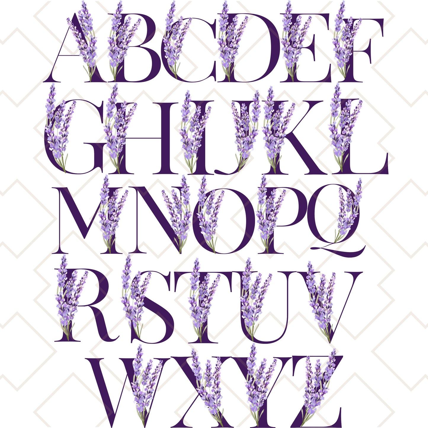 Full alphabet design featuring lavender flower accents in purple tones for custom tote bags