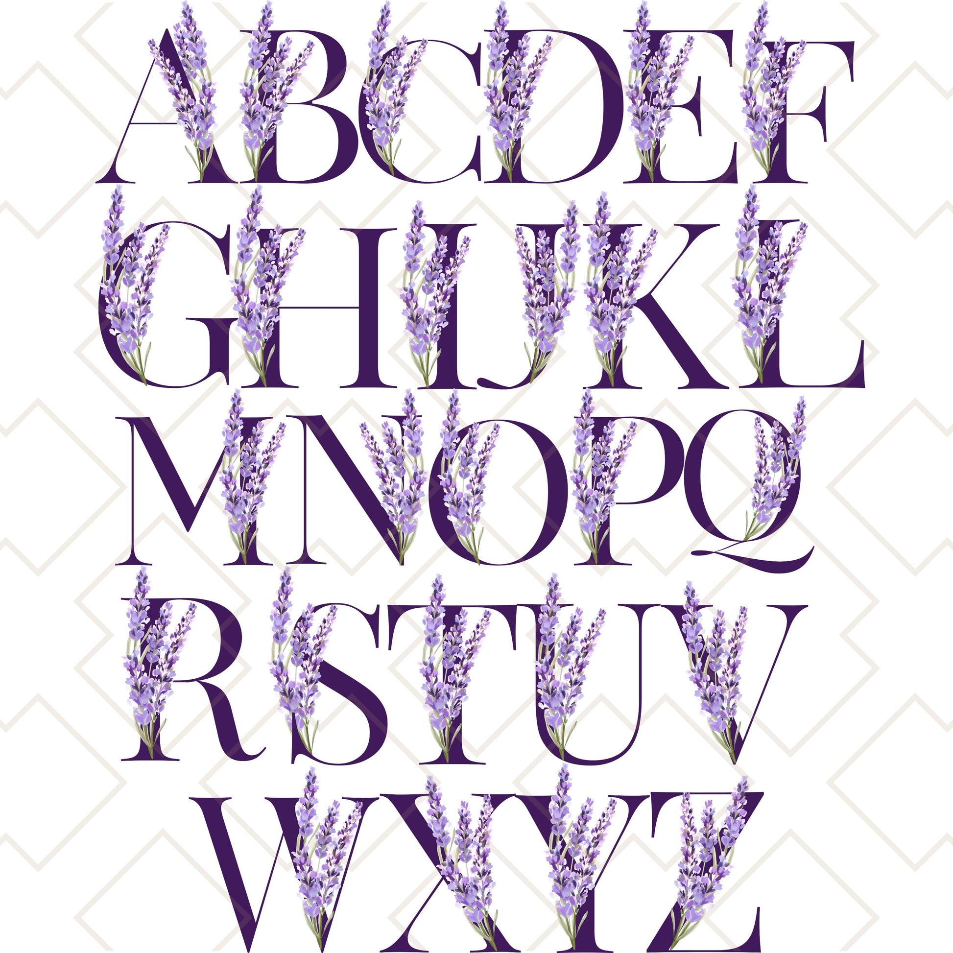 Full alphabet design featuring lavender flower accents in purple tones for custom tote bags
