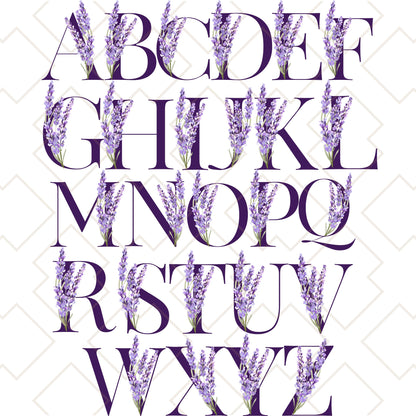 Full alphabet design featuring lavender flower accents in purple tones for custom tote bags