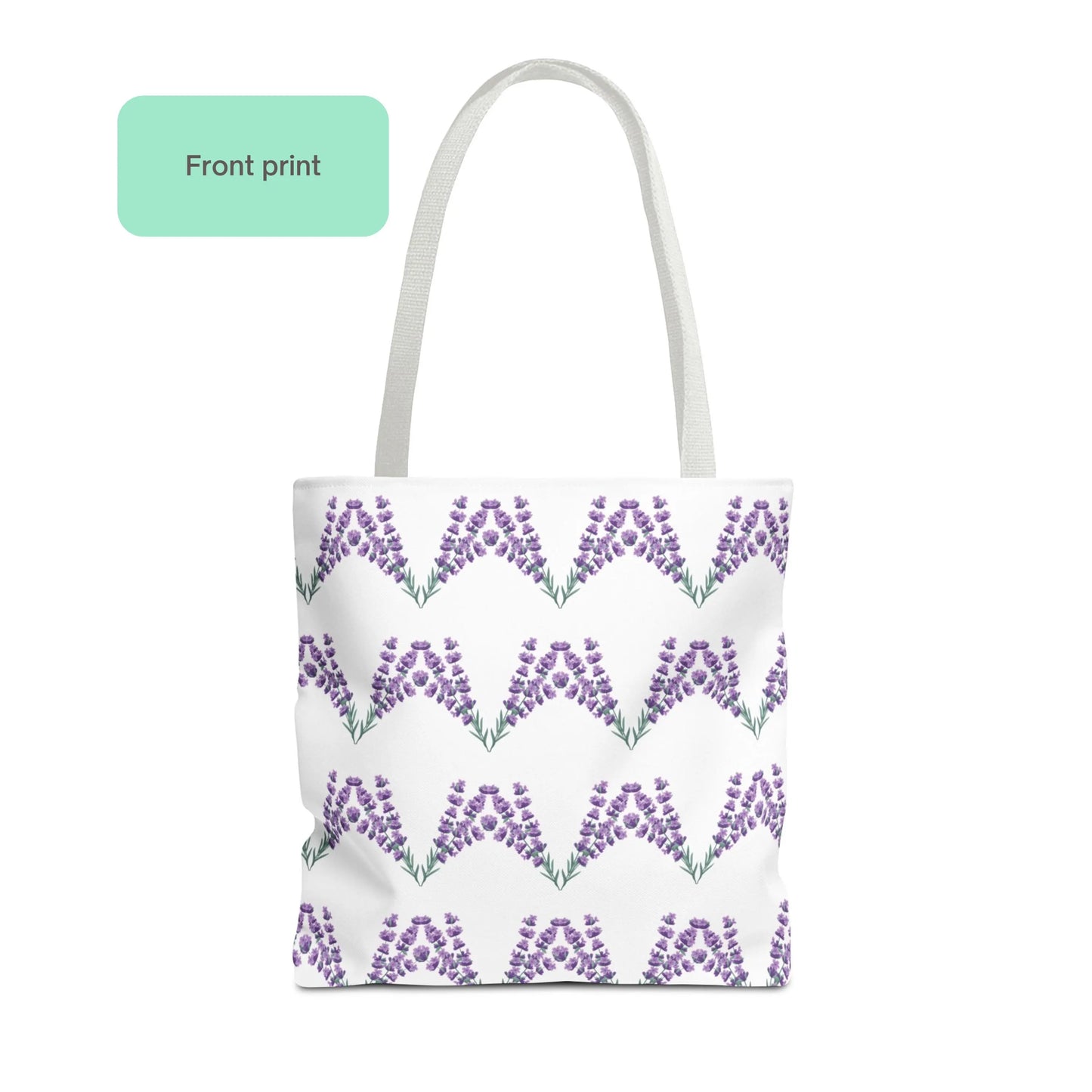 Front print of lavender flower design tote bag featuring purple lavender floral pattern in rows on white fabric