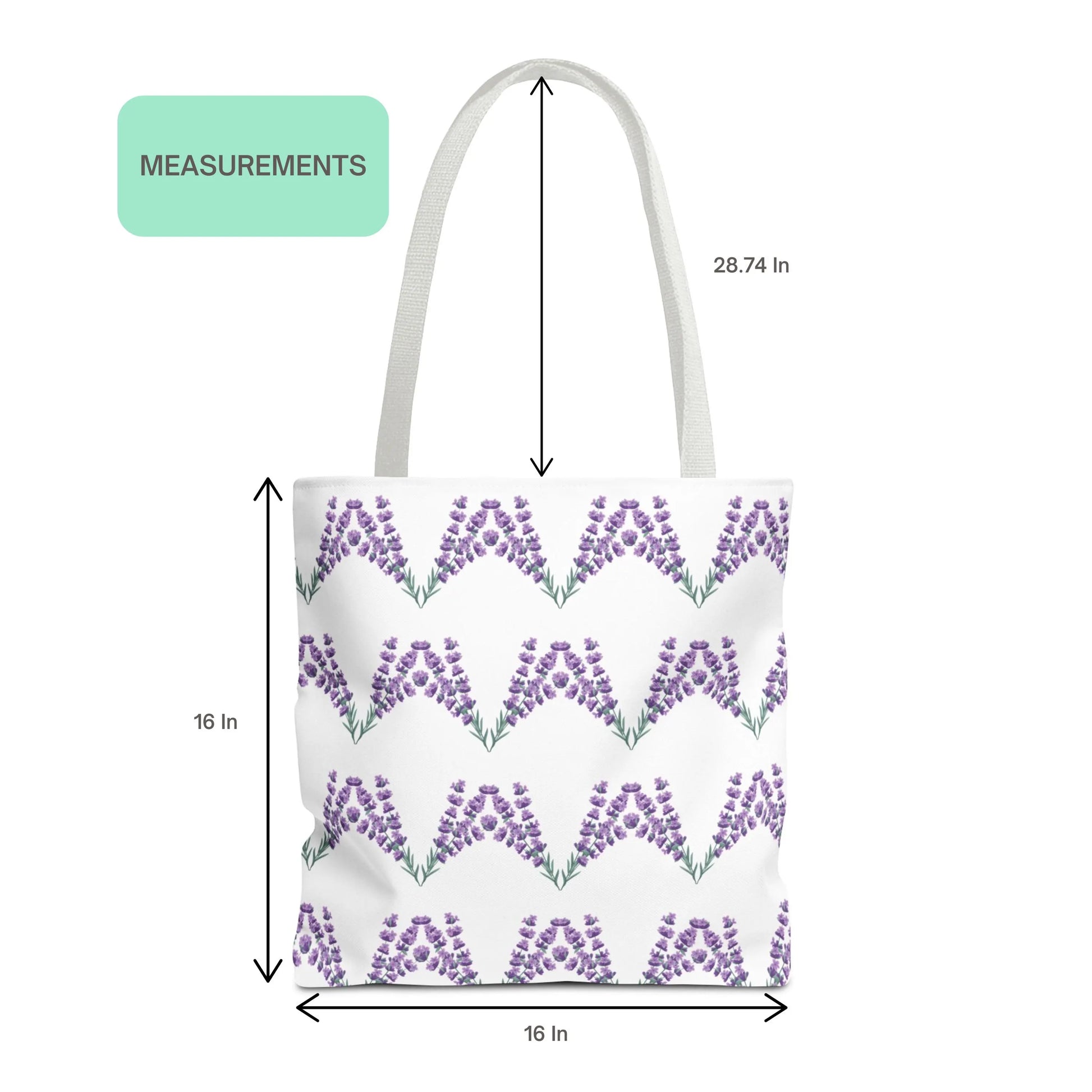 Lavender flower design patterned tote bag with size measurements showing 16-inch width and 28.74-inch handle length