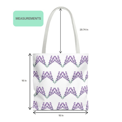 Lavender flower design patterned tote bag with size measurements showing 16-inch width and 28.74-inch handle length