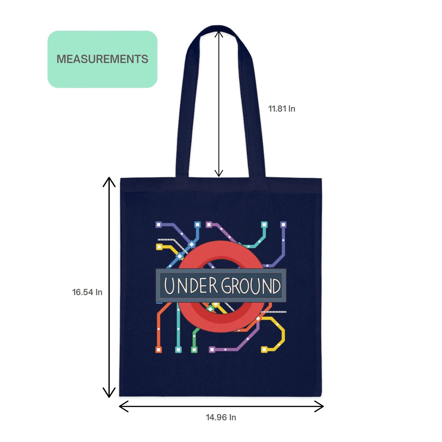Size chart showing dimensions for the London Underground map graphic tote bag – 14.96x16.54 inches cotton bag