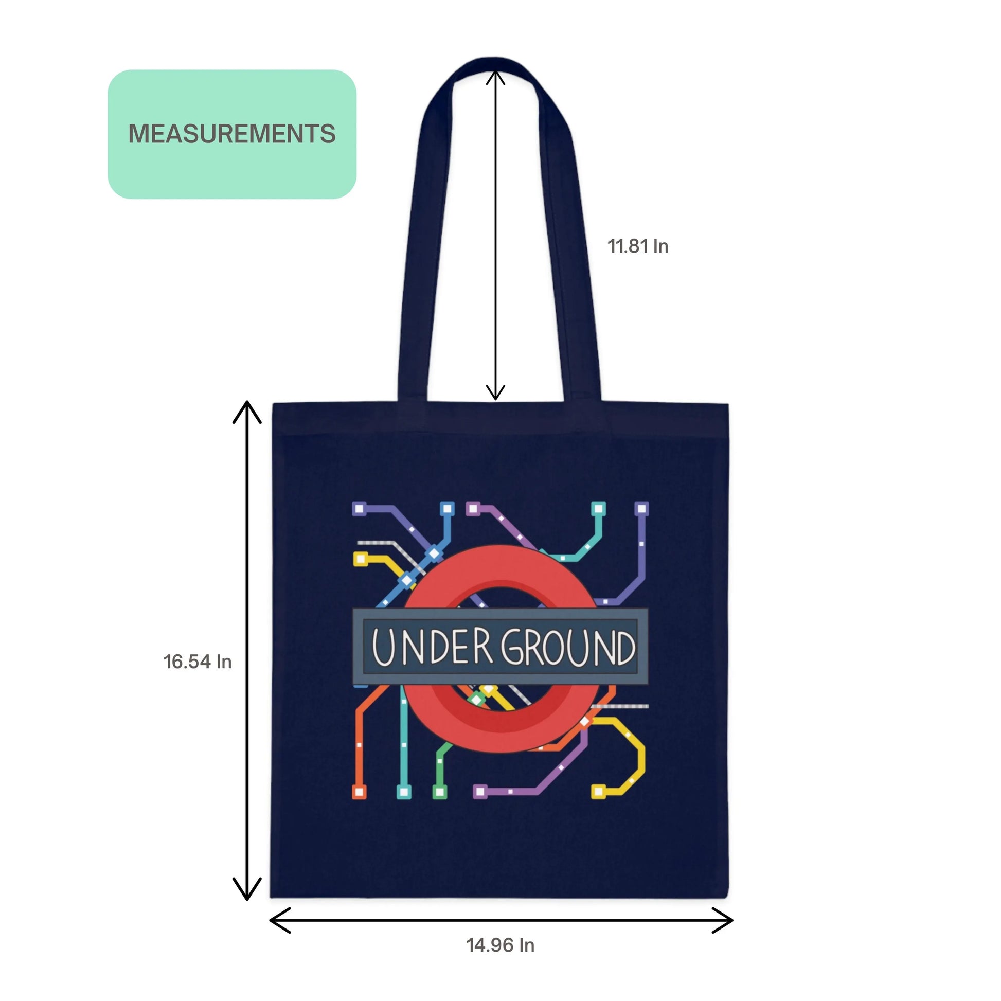 Size chart showing dimensions for the London Underground map graphic tote bag – 14.96x16.54 inches cotton bag