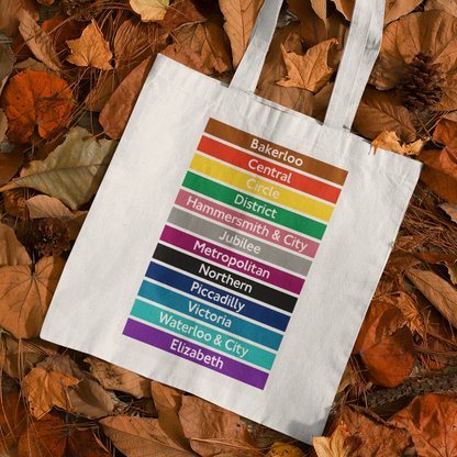London Underground tube lines tote bag flatlay on autumn leaves background – eco-friendly cotton city tote