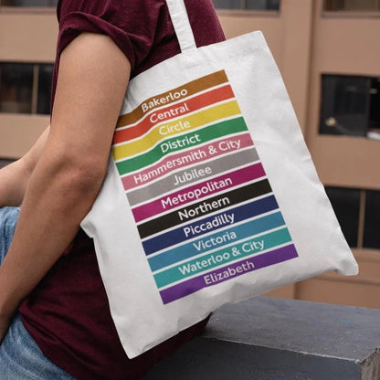 Man wearing London Underground tube lines tote bag – stylish eco city shopper bag with colorful print
