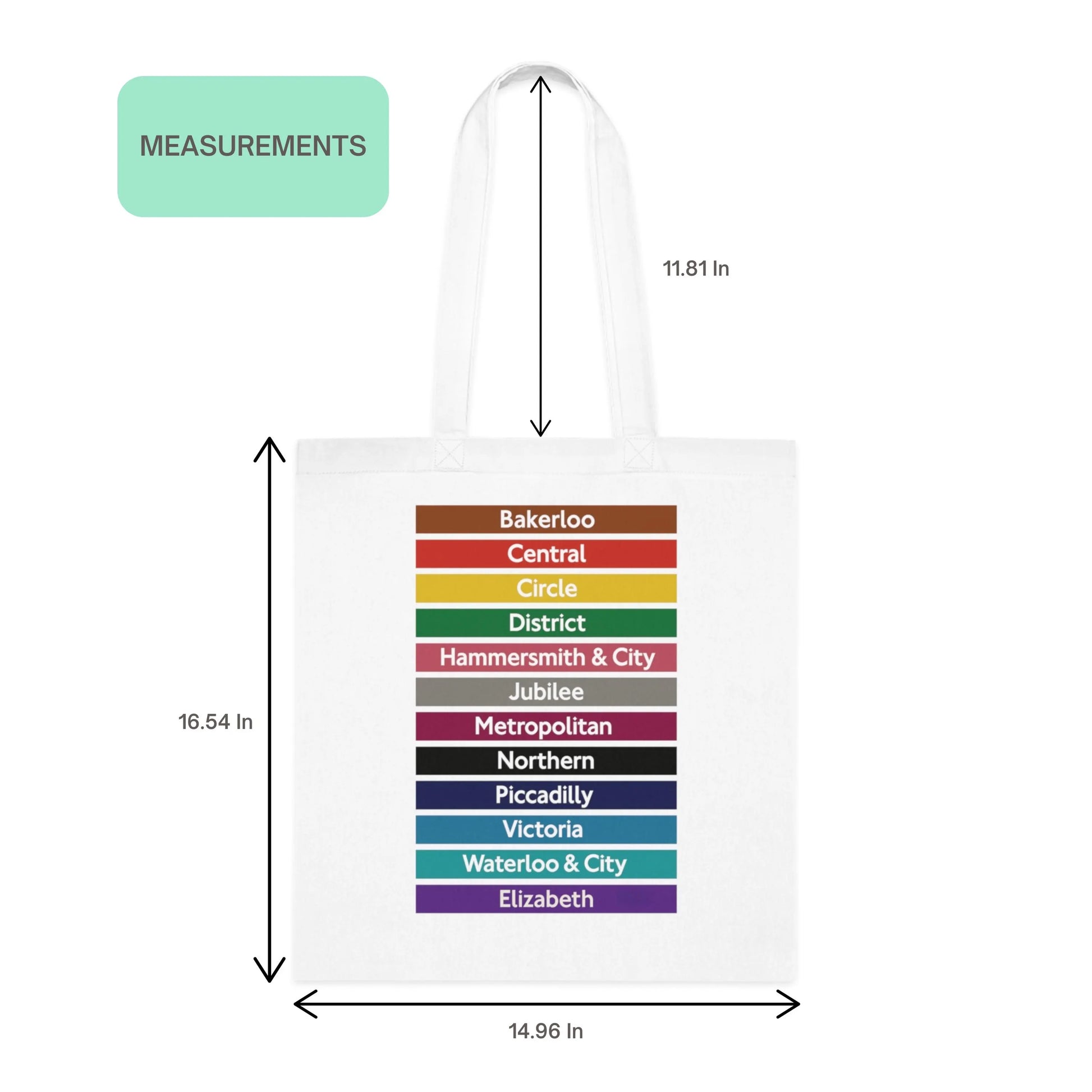 London Underground tube lines city tote bag size guide showing dimensions and colorful design