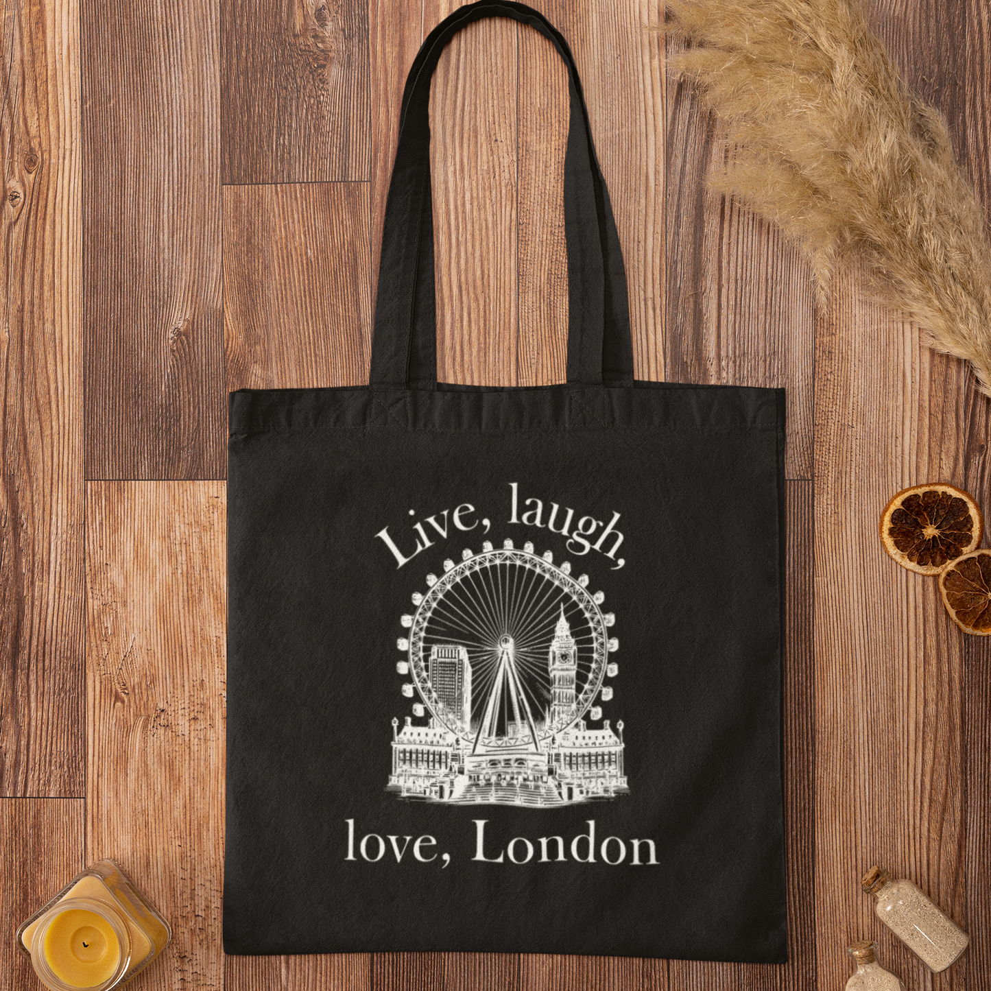 Black Love London City Tote Bag printed with London skyline including London Eye and Big Ben