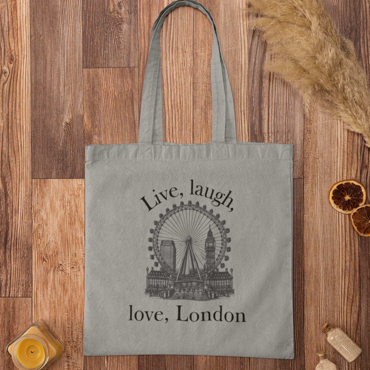 Grey Love London City Tote Bag with London Eye and Big Ben artwork for travel lovers