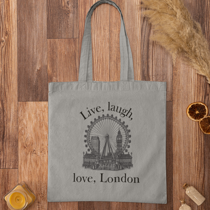 Grey Love London City Tote Bag with London Eye and Big Ben artwork for travel lovers
