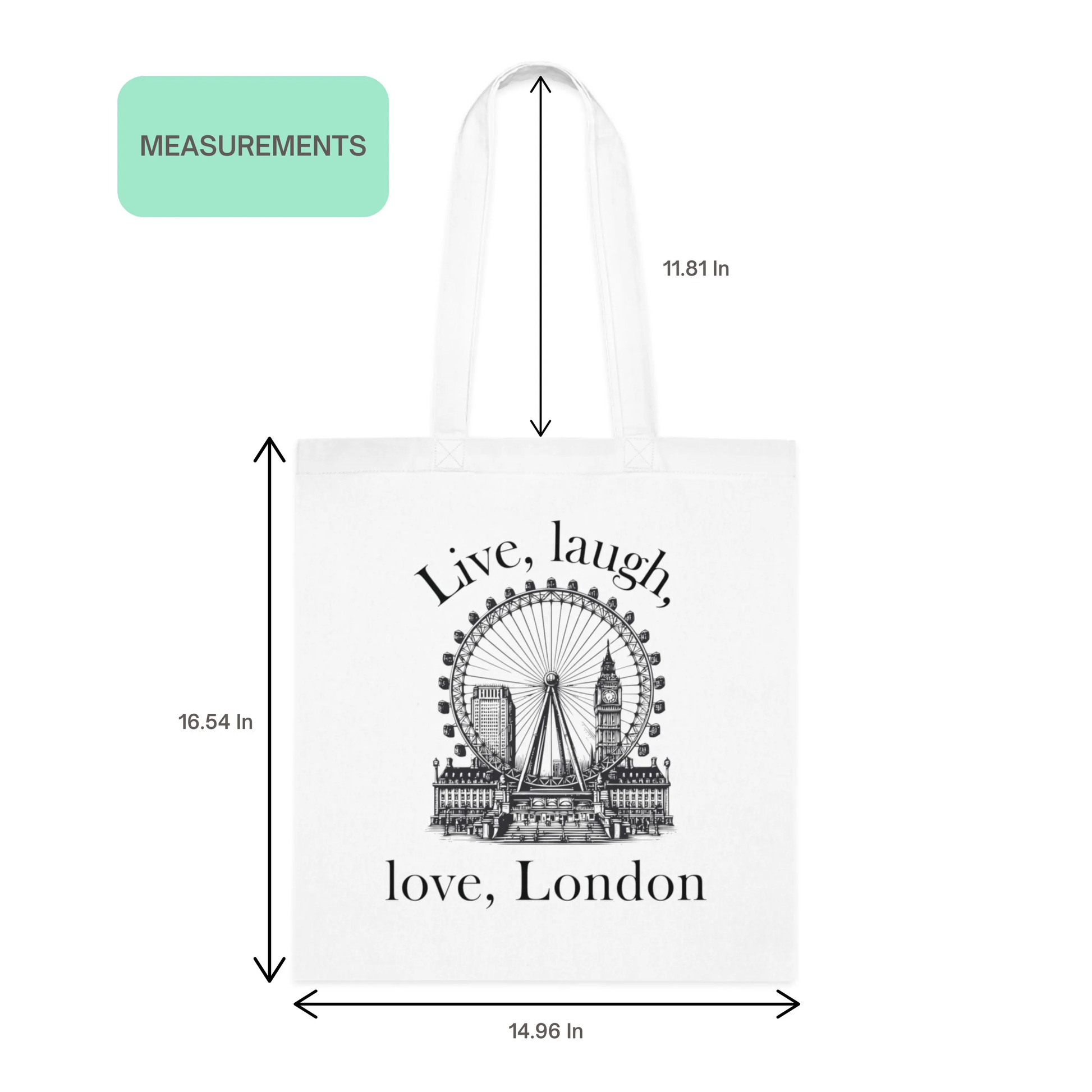 Love London City Tote Bag with size measurements featuring London Eye and Big Ben skyline design