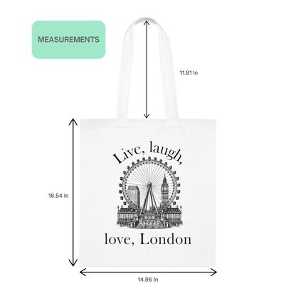 Love London City Tote Bag with size measurements featuring London Eye and Big Ben skyline design