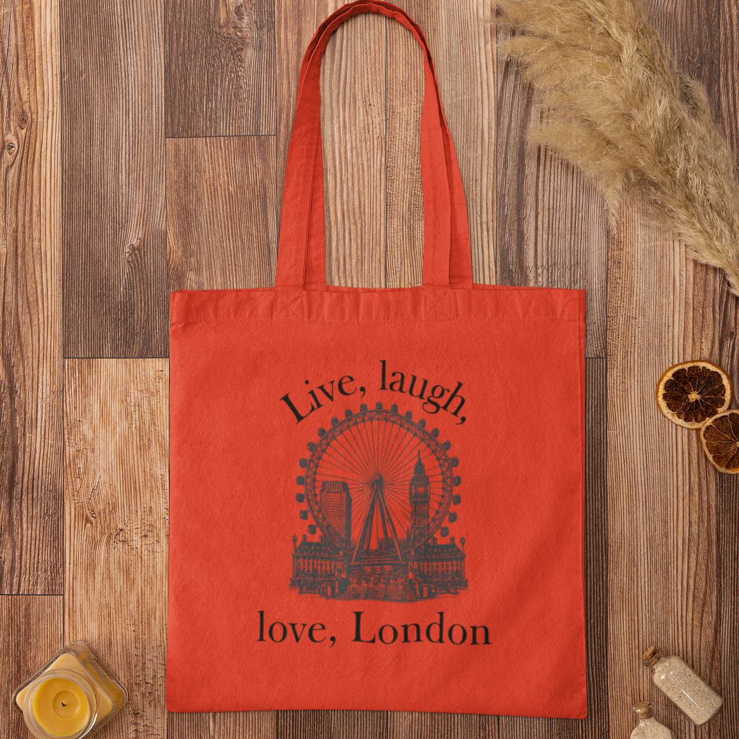 Red Love London City Tote Bag showing London Eye and iconic landmarks in dark print