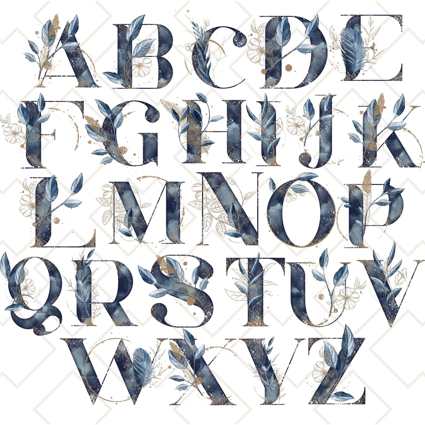 Navy and gold botanical alphabet initials A to Z for custom tote bags, elegant monogram design set