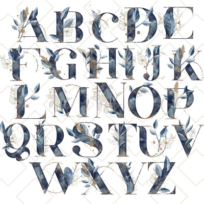 Navy and gold botanical alphabet initials A to Z for custom tote bags, elegant monogram design set