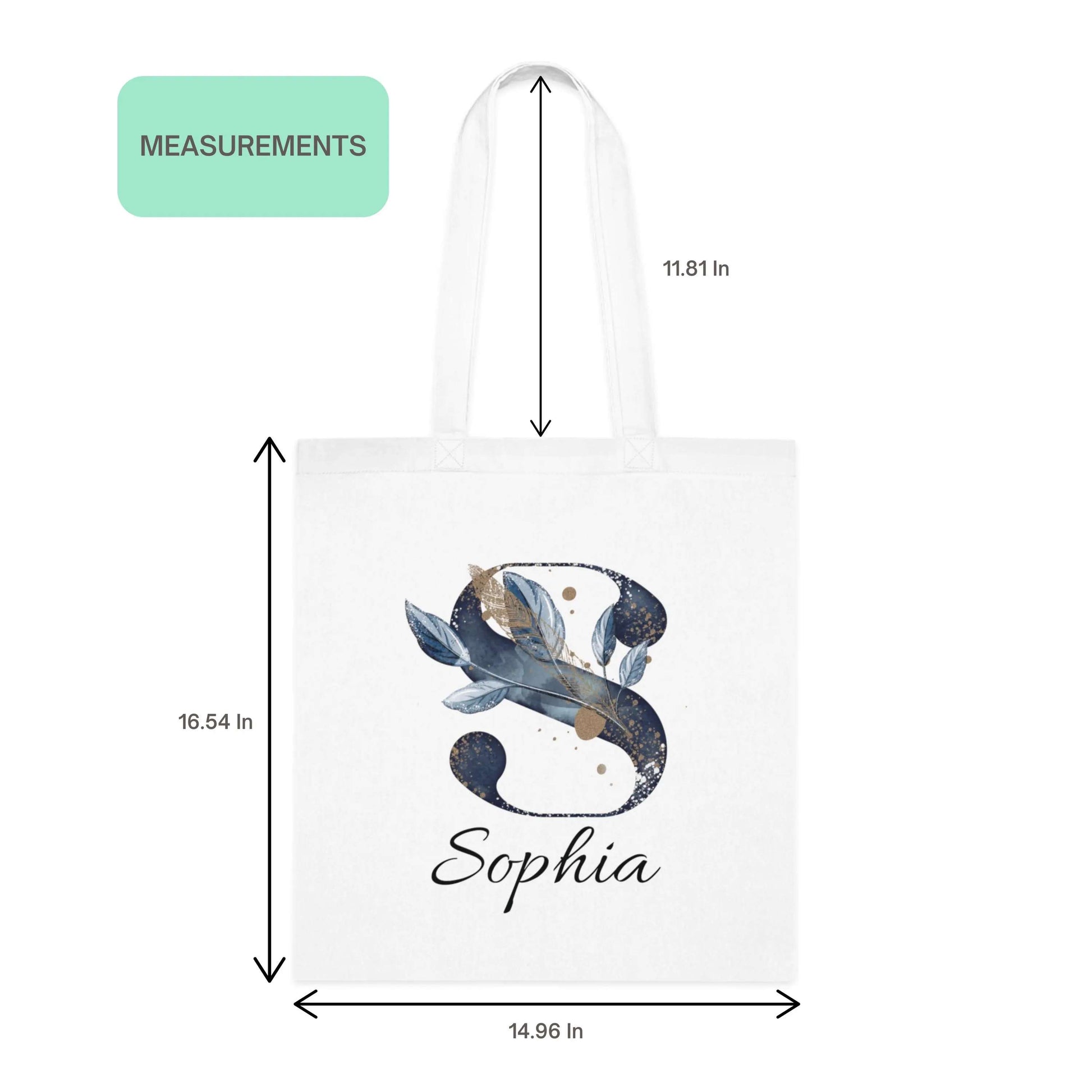 Size guide of navy and gold initial tote bag with botanical letter S and name Sophia on white background