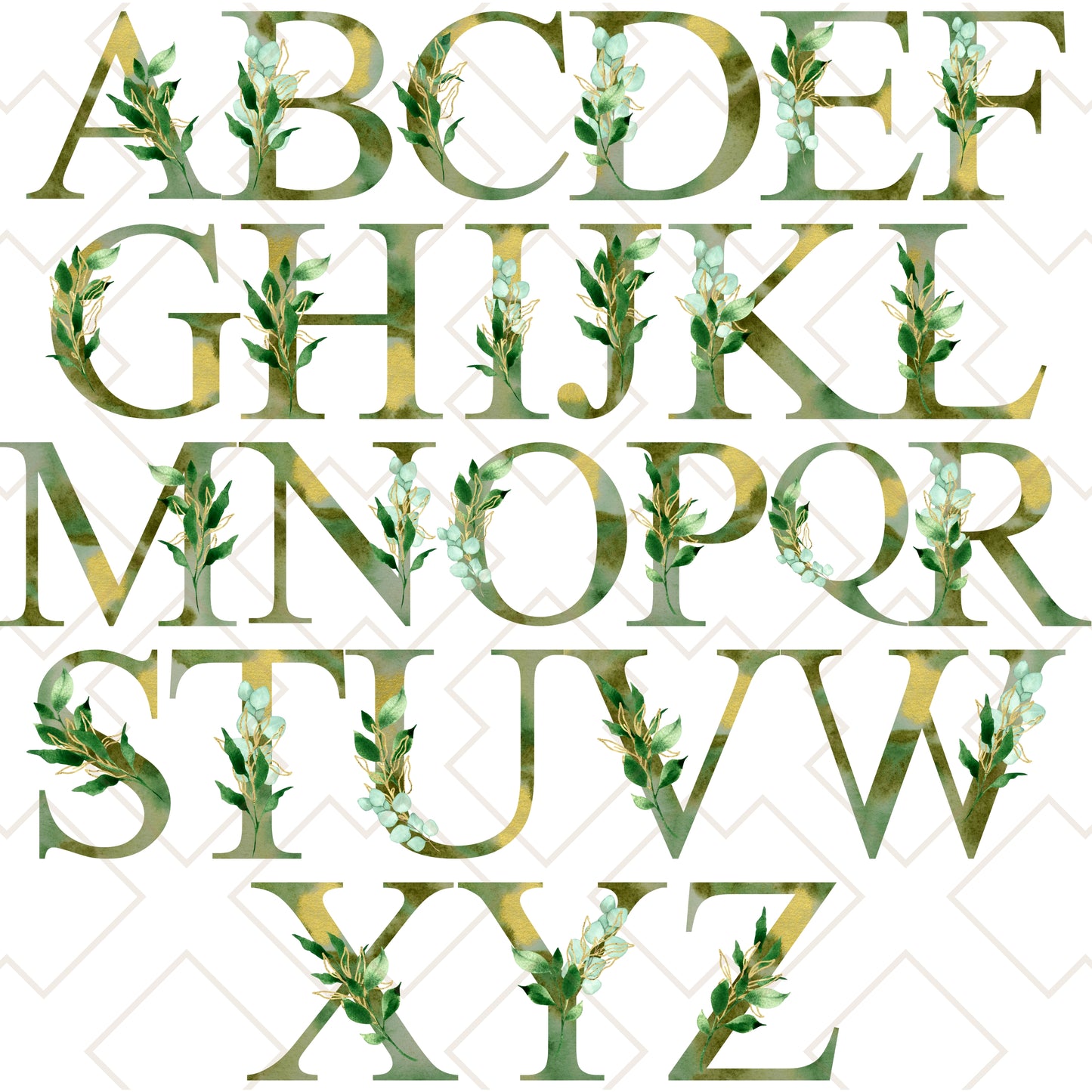 Olive Green foliage alphabet letters A to Z for personalized tote bag designs, botanical initial collection