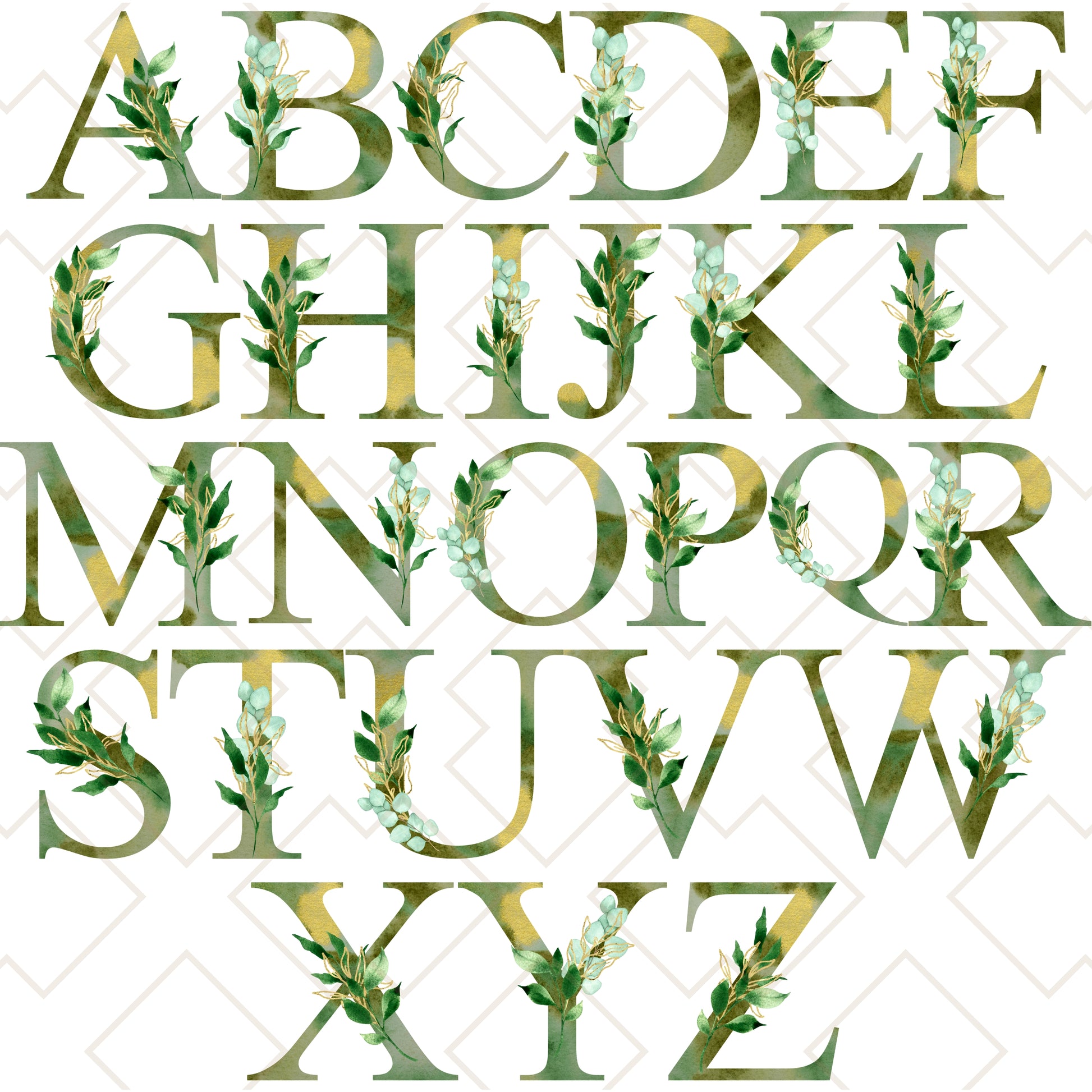 Olive Green foliage alphabet letters A to Z for personalized tote bag designs, botanical initial collection