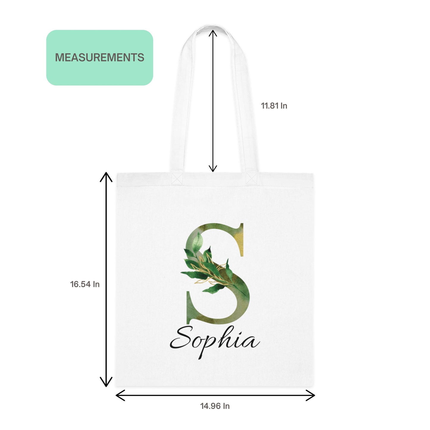 Size chart for olive green foliage initial tote bag with botanical letter S and name Sophia on white background