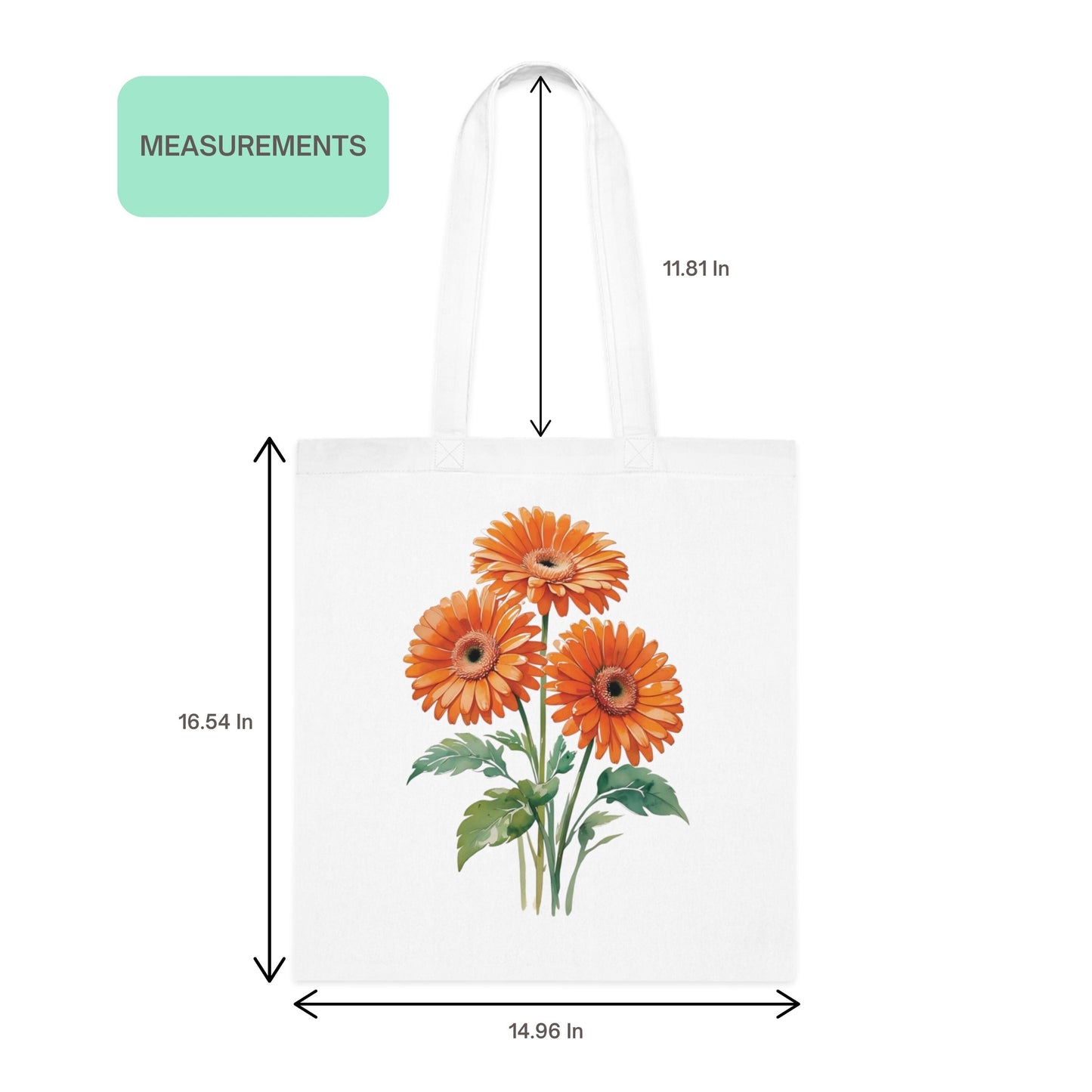 Tote bag measurement guide showing dimensions for orange gerbera floral print design