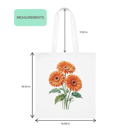 Tote bag measurement guide showing dimensions for orange gerbera floral print design