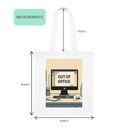 Out of Office Design Graphic Tote Bag with measurement guide showing handle and bag dimensions