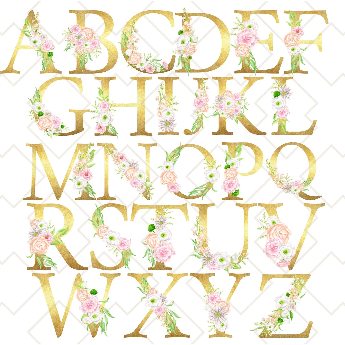 Complete floral gold alphabet design used for personalized tote bags with pastel flowers