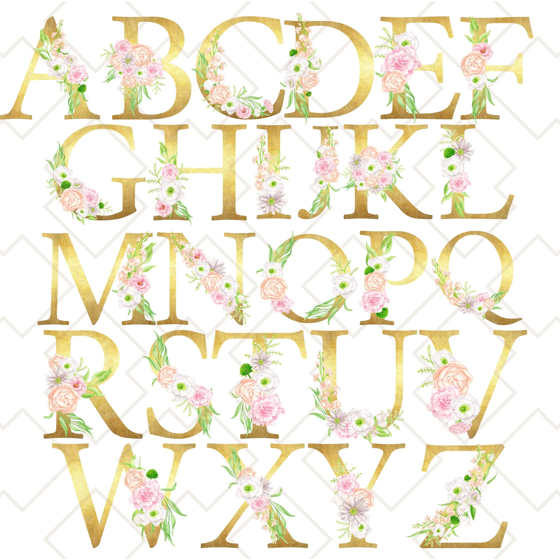 Complete floral gold alphabet design used for personalized tote bags with pastel flowers