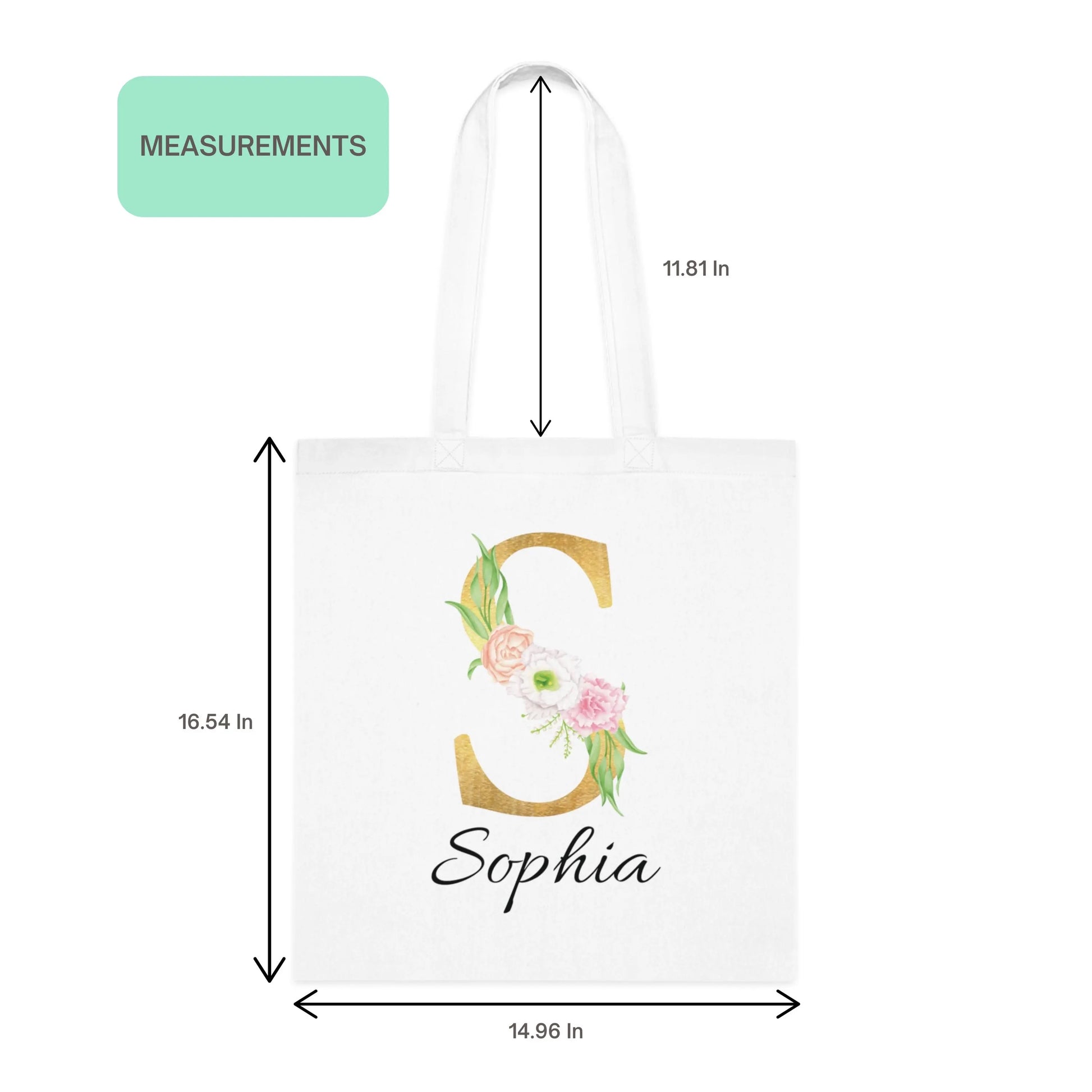 Personalized gold floral tote bag with name Sophia and size measurements