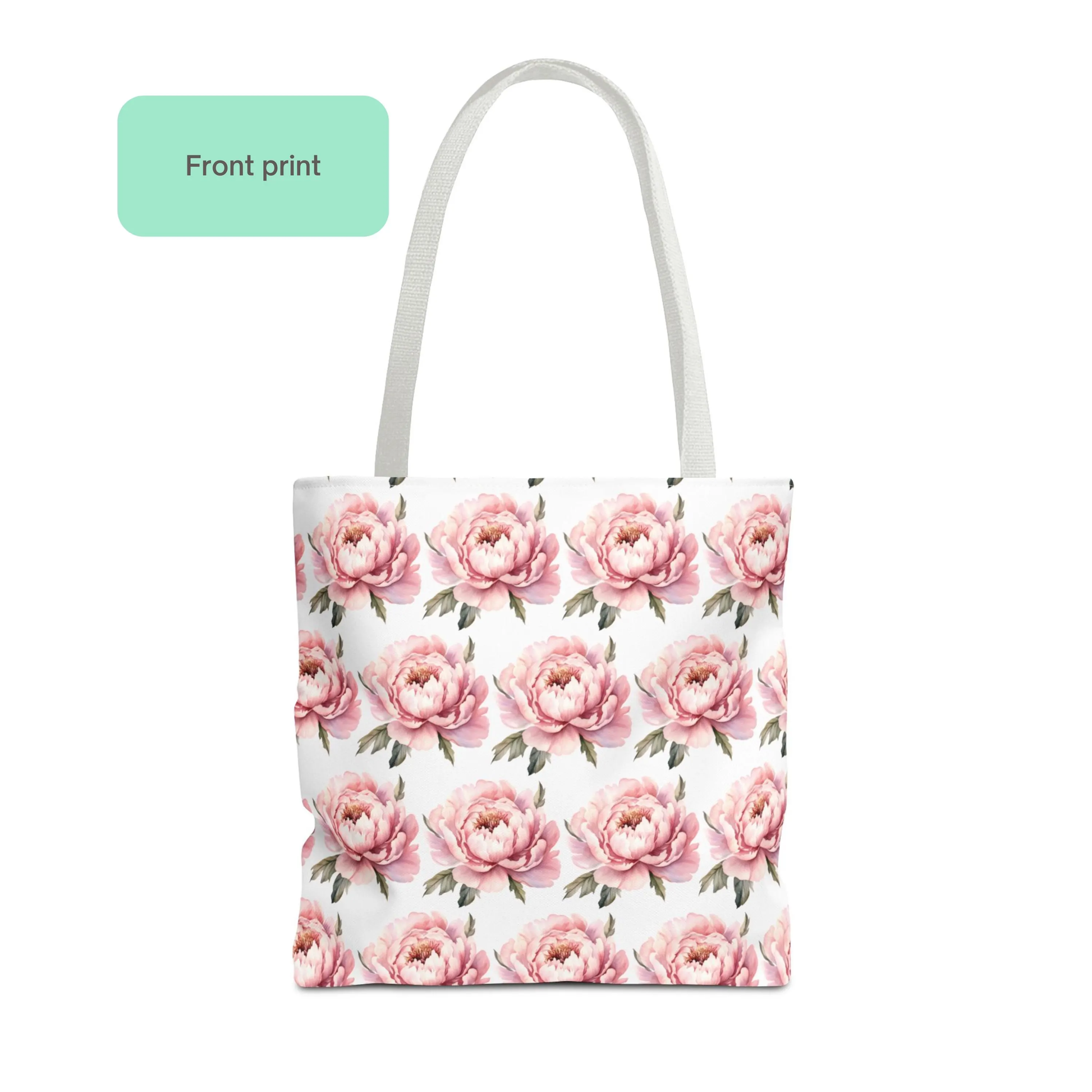 Front view of Pink Peony Bloom Pattern Floral Design Tote Bag with soft pink watercolor peony flowers on white background