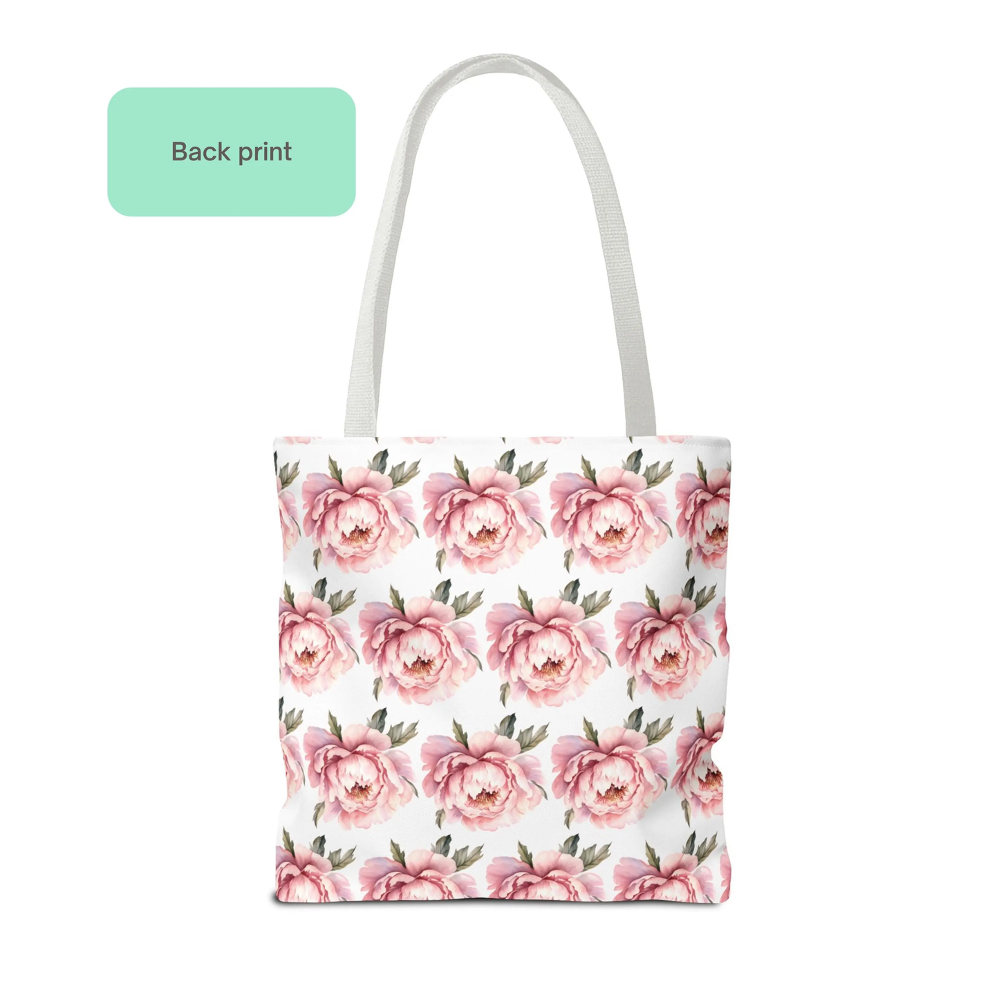Back side of Pink Peony Bloom Pattern Tote Bag with seamless pink flower artwork on white fabric