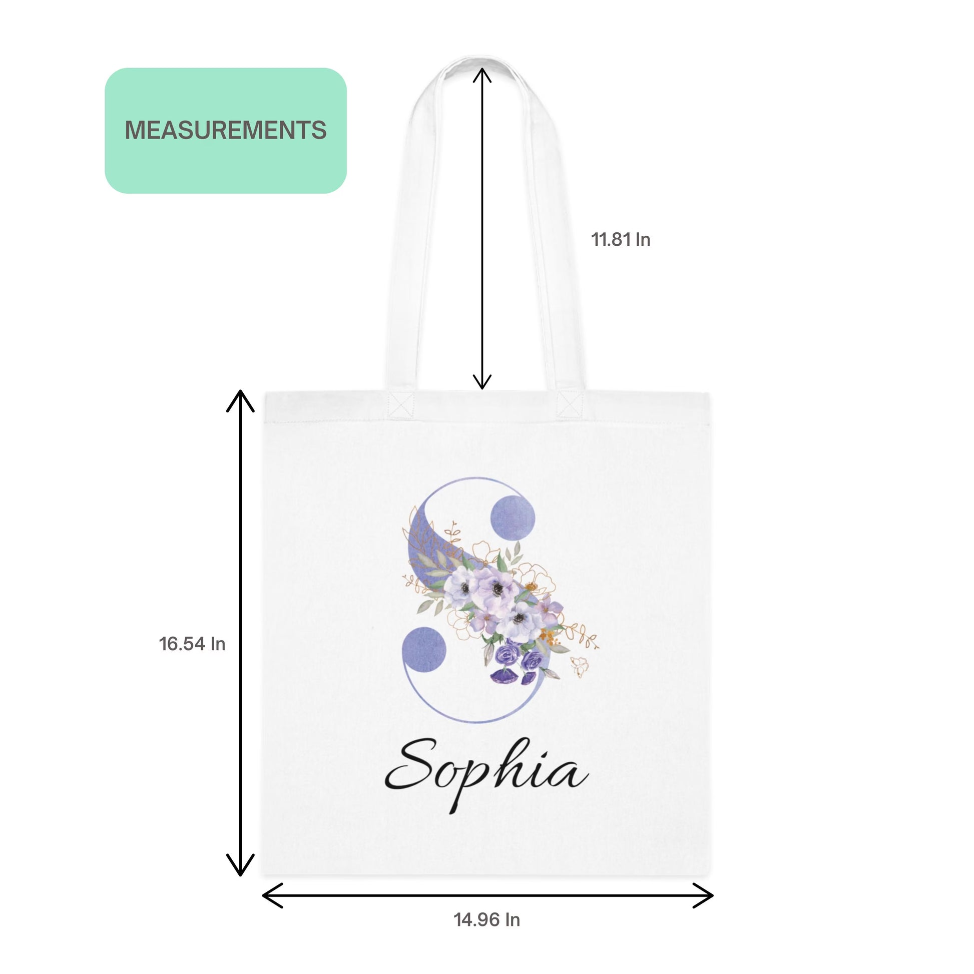 Size chart of pastel purple and cornflower blue floral tote bag with initial S and name Sophia, showing product dimensions and design placement