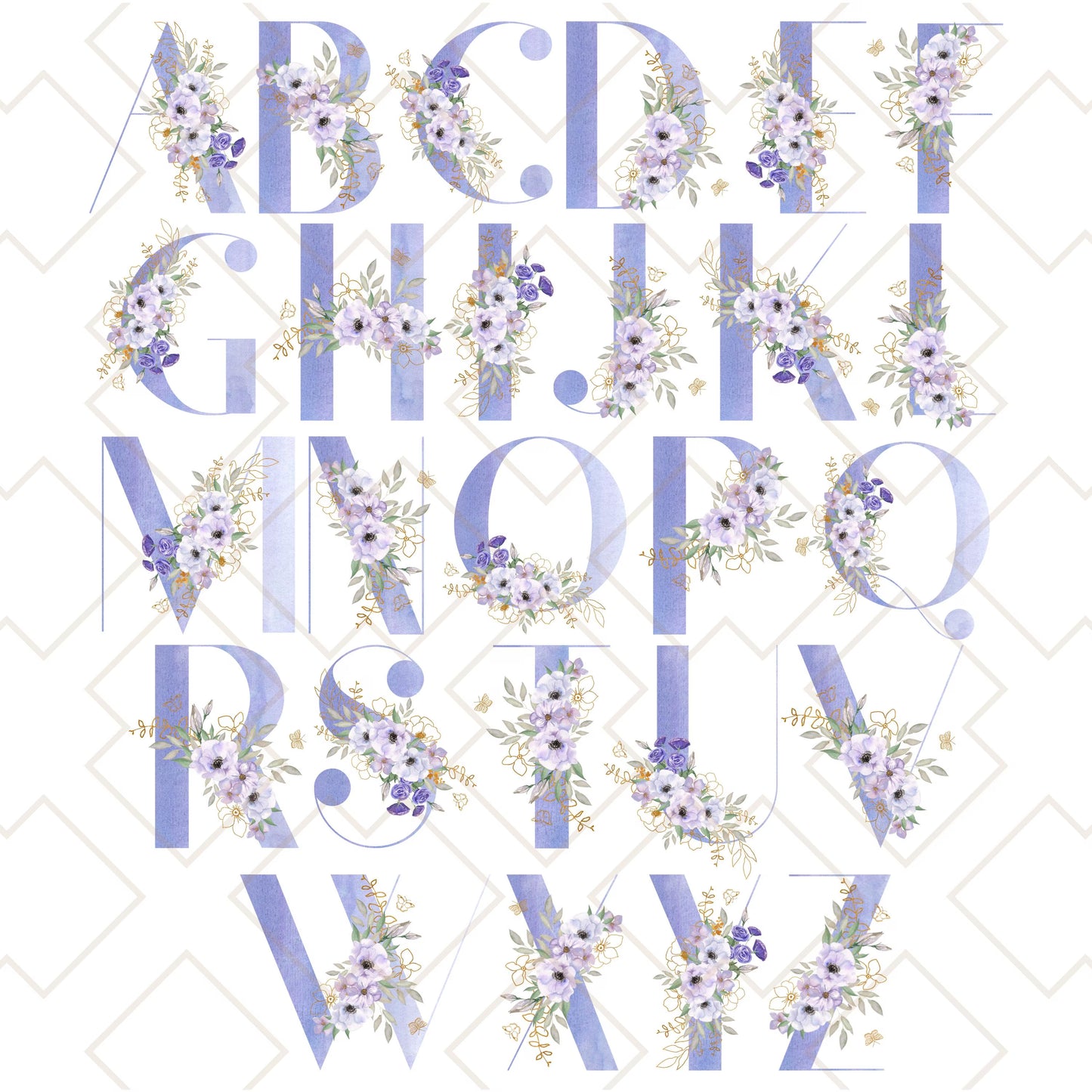 Complete alphabet chart showing all pastel purple and cornflower blue floral initials with anemone flower accents, used for personalized tote bag designs